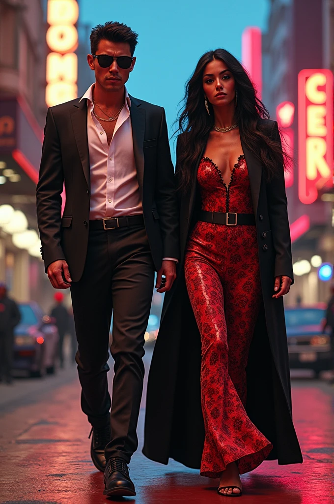 Believe me, the image of Tony Montana and Elvira, but using the fashion style of 2024 and instead of them coming out, two people from today come out