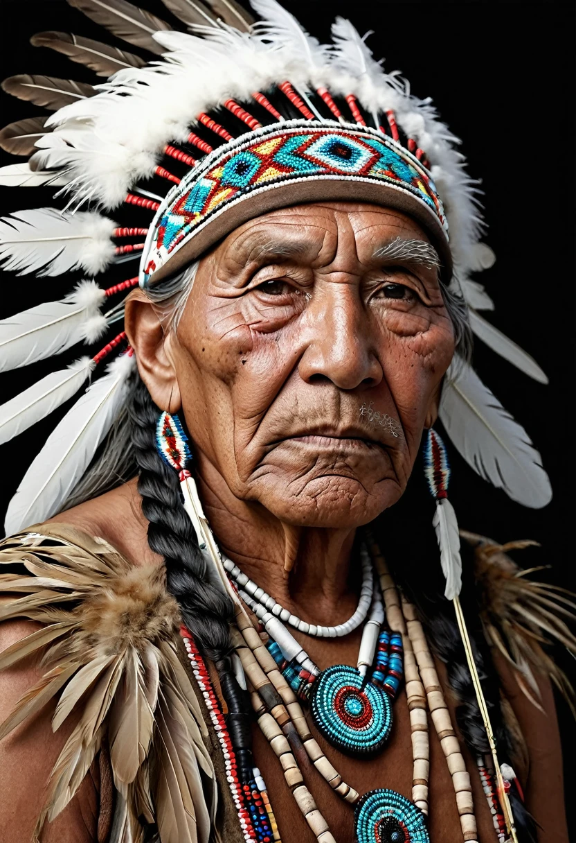 Create a hyper-realistic portrait of a wise and stoic Native American elder, with deeply wrinkled skin and a strong, weathered face. He wears a traditional feathered headdress adorned with intricate beadwork and feathers of varying sizes. His expression is solemn, showing years of experience and strength. The lighting is soft but dramatic, casting subtle shadows that accentuate the contours of his face. His traditional attire includes beads, feathers, and leather clothing, all rendered with fine detail and rich textures.