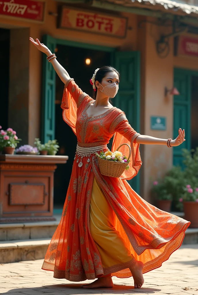 Create an image of  a beautiful  female dancer wearing  a mask like hijab on her face in indian attire holding a flower basket infront of Indian tea shop .