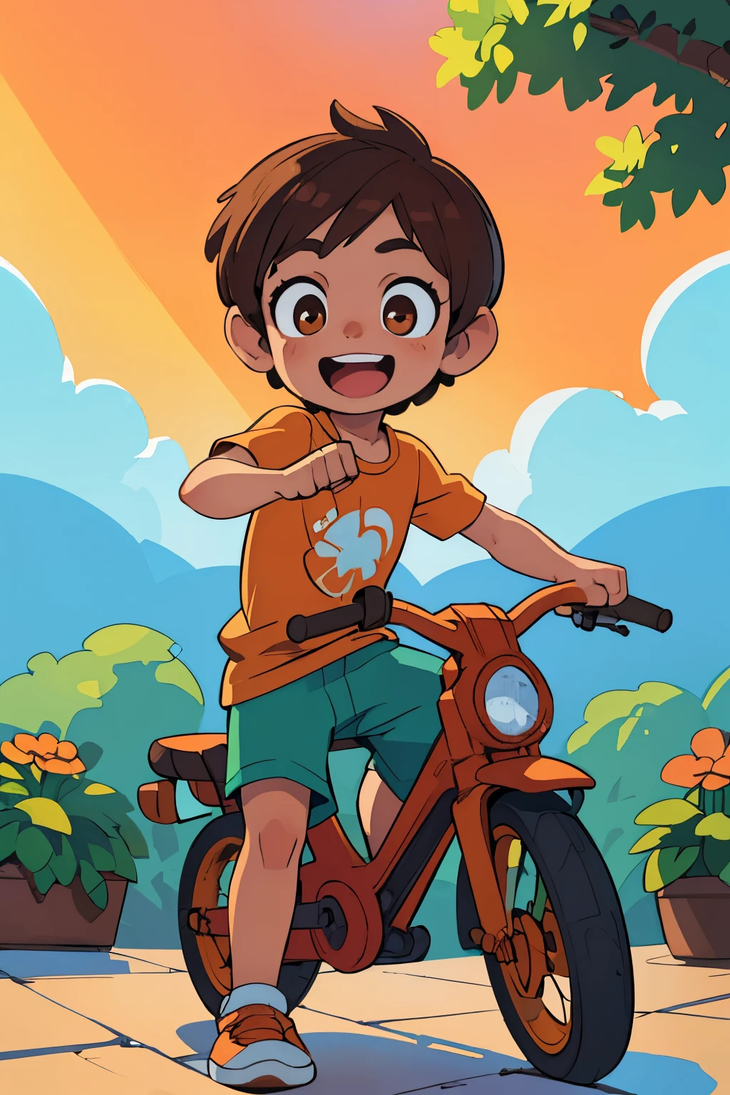 (best qualityer,4K,8k,high resolution,work of art:1.2),ultra detali,realisitic,portraite, a young boy, ***,beautiful detailed Brown eyes, detailed, happy in a beautiful sunny day , playing With a Orange bike, illustration style,swirly vibrant colors,warm hues,soft lighting,green garden background