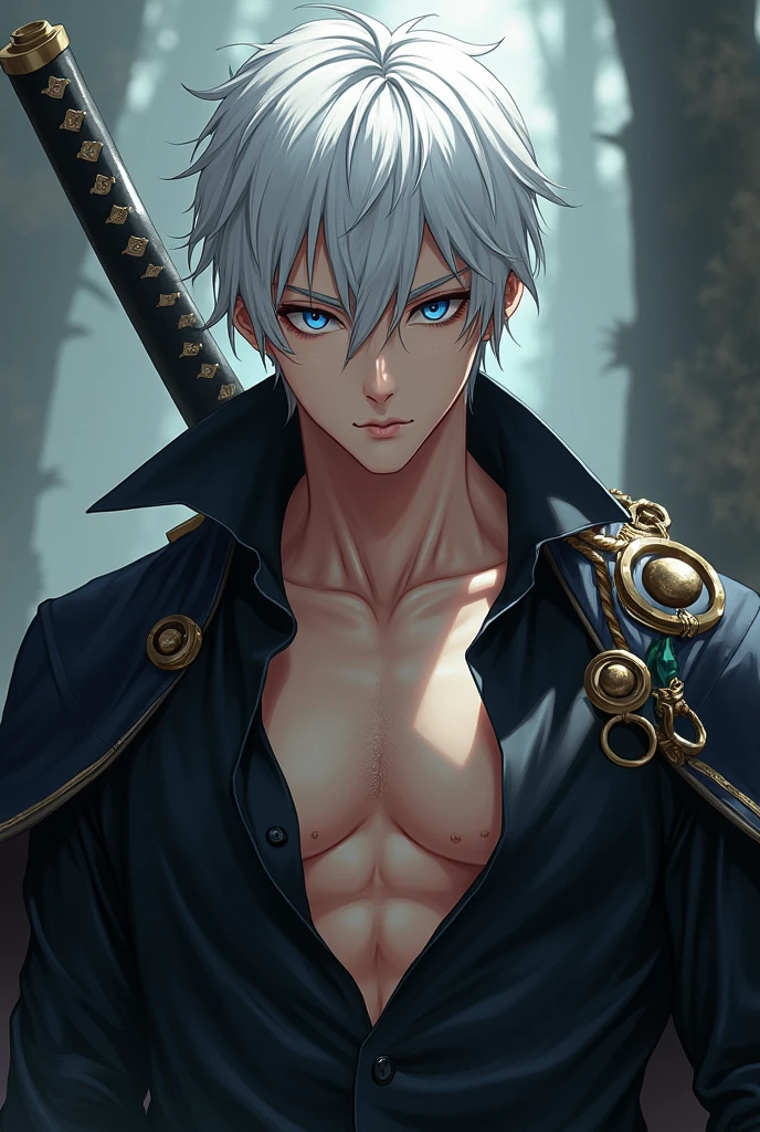 Trending on artstation pixiv, anime guy with bright eyes, unsual eyes, best anime 4k, zerochan art, key anime art, [[[[grinning evily]]]], Mage, masterpiece, Magic, Magic circle, (gray skin), muscular, open shirt, solo, rings, good anatomy, detailed hands, detailed eyes, (male), Black cat, Black Wizard clothes, blue eyes