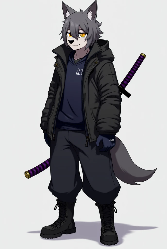 A Sonic-style wolf with short, long hair covering the left side of his eye a little and with a slightly long ponytail., with big yellow eyes, with black cold weather blouse with dark blue shirt, black pants and black men&#39;s boots, with black gloves, and with a purple sheathed Katana on his back.