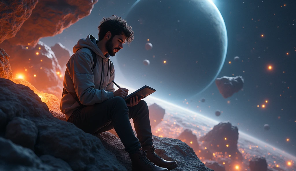 Draw a young programmer, sitting on a research platform floating in the middle of an asteroid belt. He is studying with a notebook, surrounded by several asteroids glowing with fiery auras. Dramatic lighting from distant stars and planets illuminates the scene, casting deep shadows on the suit. The young man looks confident and determined, looking at the vast and mysterious universe with wonder and respect,facial hair, cowboy shot,