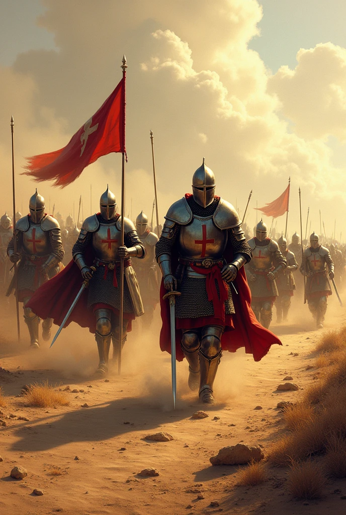 Crusader Knights in Battle, with flags and armor, advancing into a barren land. a small army