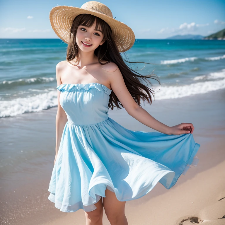 laughing out loud，(knee shot), 1 girl, On the face, light brown hair, blunt bangs, hair behind ears, Hair over the shoulders, long hair, Slender body type, Super thin face, face slimming, delicate lips, beautiful eyes, Thin blush, Eyes are light brown,Check it out here, (realistic:1.3), 8k, , Super detailed, high quality, best quality, High resolution, (Full breasts), 3, , (gauze skirt), (Tutu), wearing a light blue dress, Cute and elegant pose, Bandeau dress, (((Gauze puffy dress))), 網gauze skirt, 五層網gauze skirt, There is skirt scale inside the skirt，The dress is made of chiffon，Soft and fluffy dress, elegant, (Stand on the beach), wearing a straw hat, light blue dress,long skirt. Ruffles