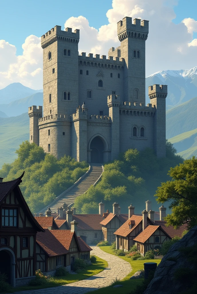 Rugged gray castle but not so big, four small towers and a thick wall with a small village in front