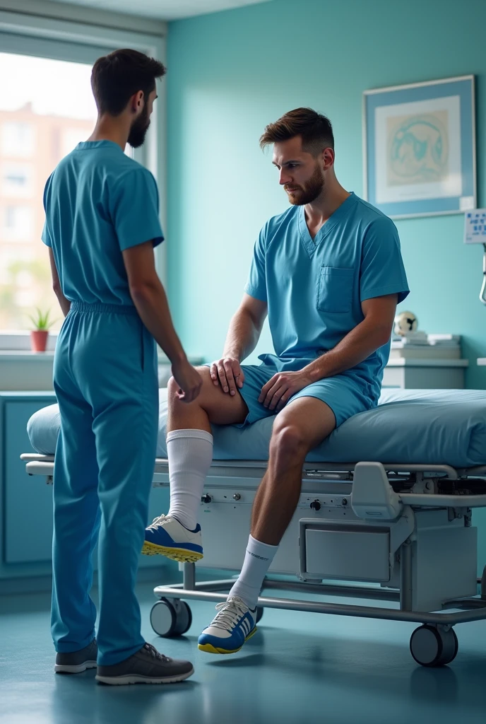 Draw me in a blue surgical uniform and not look like I&#39;m in a hospital giving Messi physical therapy and rehabilitation on his left leg. 