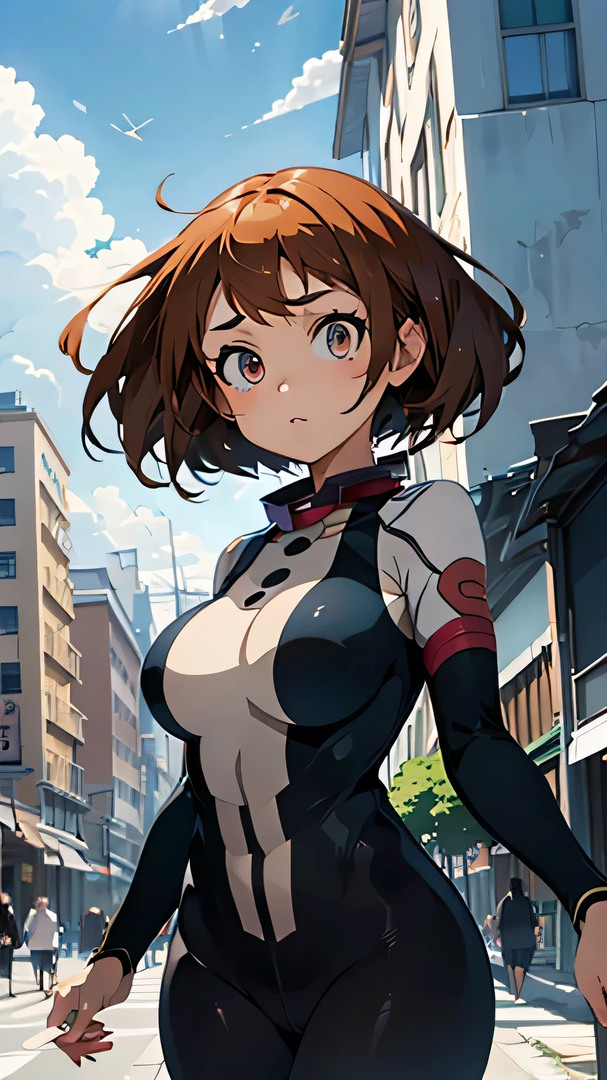 2D Anime Style、Beautiful and shining eyes,Large breasts、Bronze Short Hair、Bodysuits、Dynamic Angle、Floating in the air
