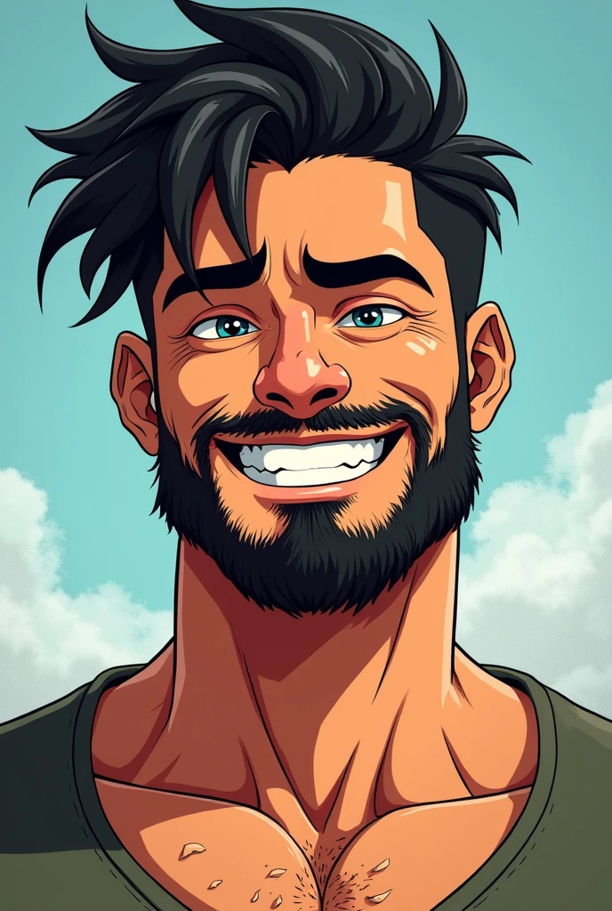 A cute 20 years old, latin man , rough dry face skin , full body view, black short beard, short hair, animation, anime