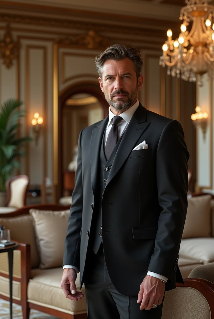 Make a rich man back, wearing a suit, inside a big house