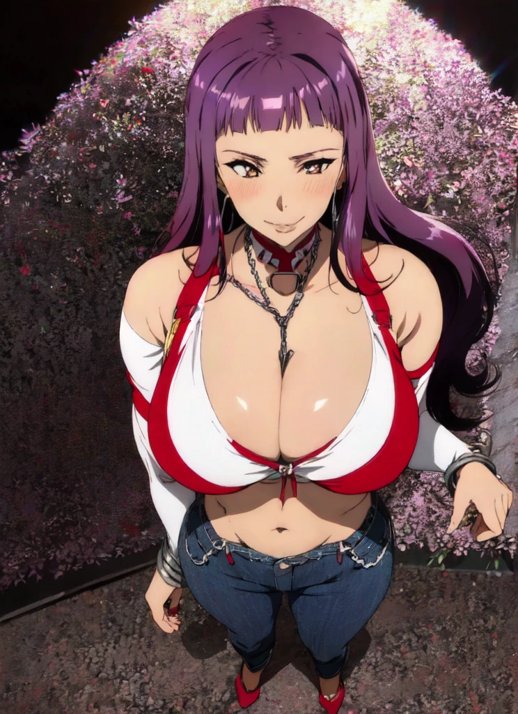 Asuna yuuki,sao anime style asuna \(sao\), 1girl, brown eyes, bright purple hair,Big breast,Fake big breast,Sculpted calves,Wide hips,Big ass,Tight tights,scoop Cleavage, Skindentation,Long thick Wavy hair,tank top with cleavage,mono color outfit,vertical bar earring,chain Dog tag necklace,multistrand necklace,((Solo)),((1girl)),Mature,Curvy figure,Swaying hips,Heels,Confident walk,eyelash,Bare leg,Light blush,Thick lips,Half eyes open expression,Calm expression,Smile,Red light district,Blunt bang hair,Body facing viewer,High quality,tattoo with image of Laughing coffin mark,laughing coffin guild,Bright purple hair,Lowrise jeans,Open navel,Symetrical bang,Standing,1hand in hips,Tanned skin,Colorless glossy lipstic,Thick lips