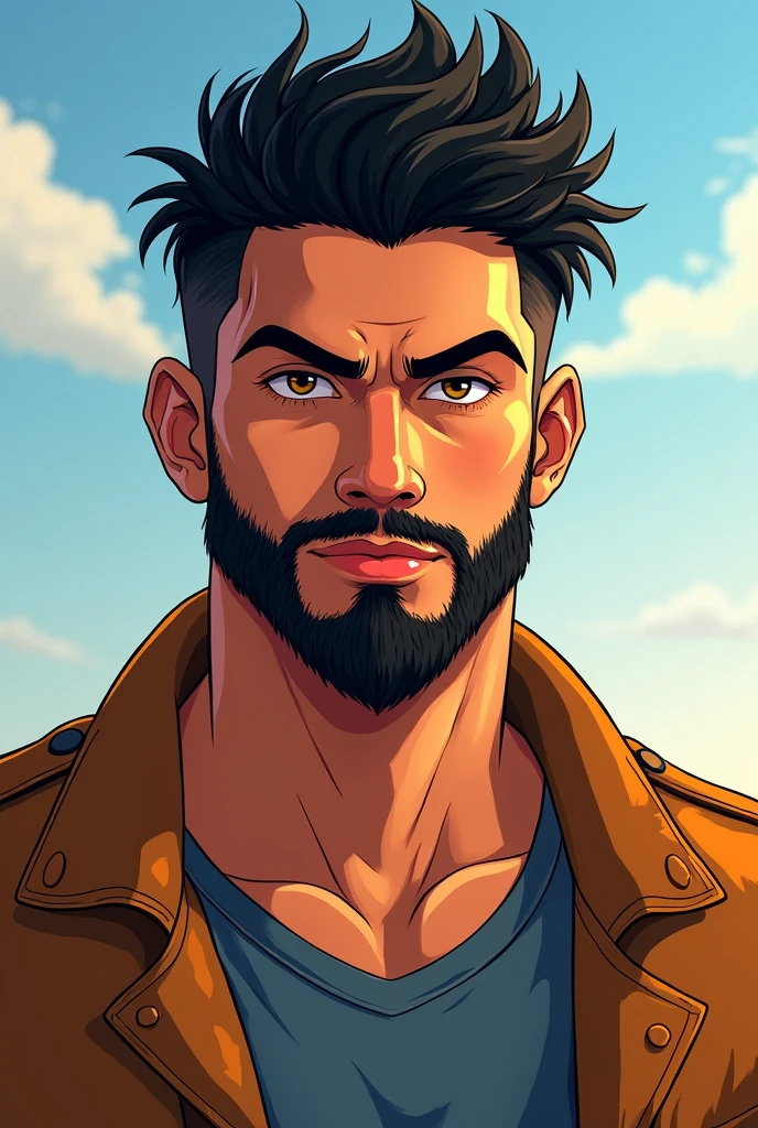 A cute 20 years old latin man , rough dry face skin , full body view, black short beard, short hair, animation, anime