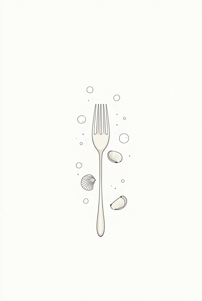 that’s good but make it not colorful and just like a drawing. no backround and very dainty just lines simple with a fork and bubbles and seashells around it and make the seashells around the fork but close to it. not on the ground
