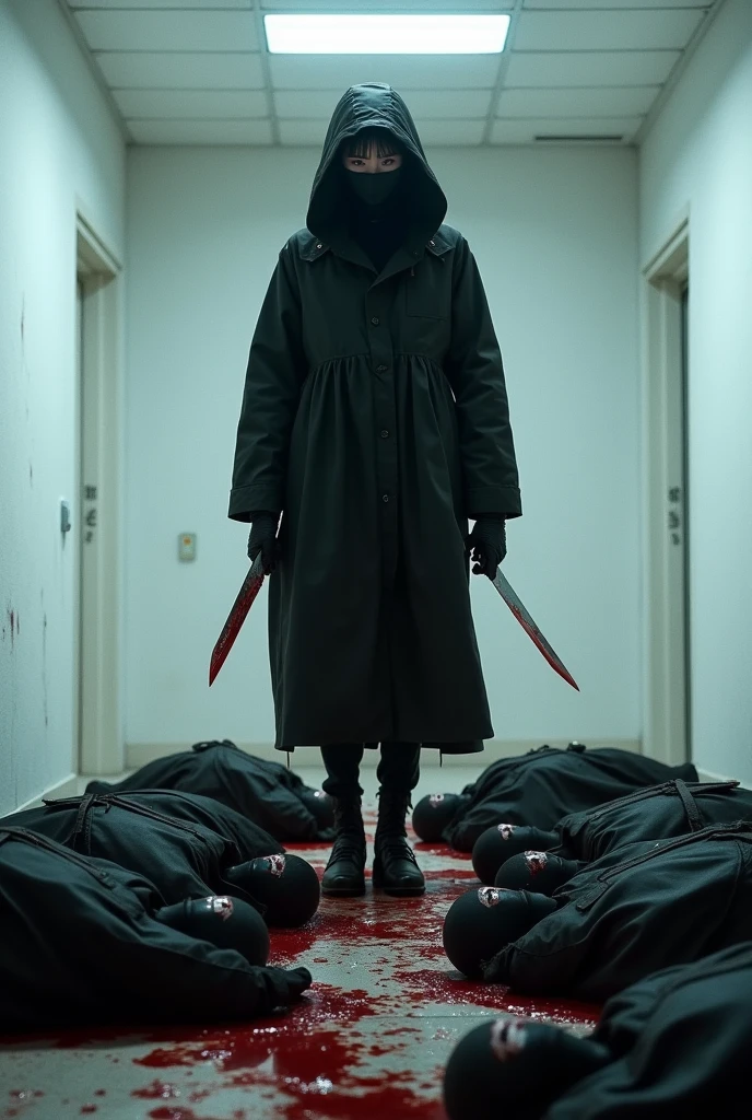 korean girl, (behind stiff, black balaclava mask), holding knife, stabbing, black leather gloves, bath room, black raincoat, girl only, holding knife, leather gloves, woman on top, behind cadaver, looking at viewer, blood splatter, night, mass murderer, killer, blood splatter, tripod and camera in the back, shooting with camera
