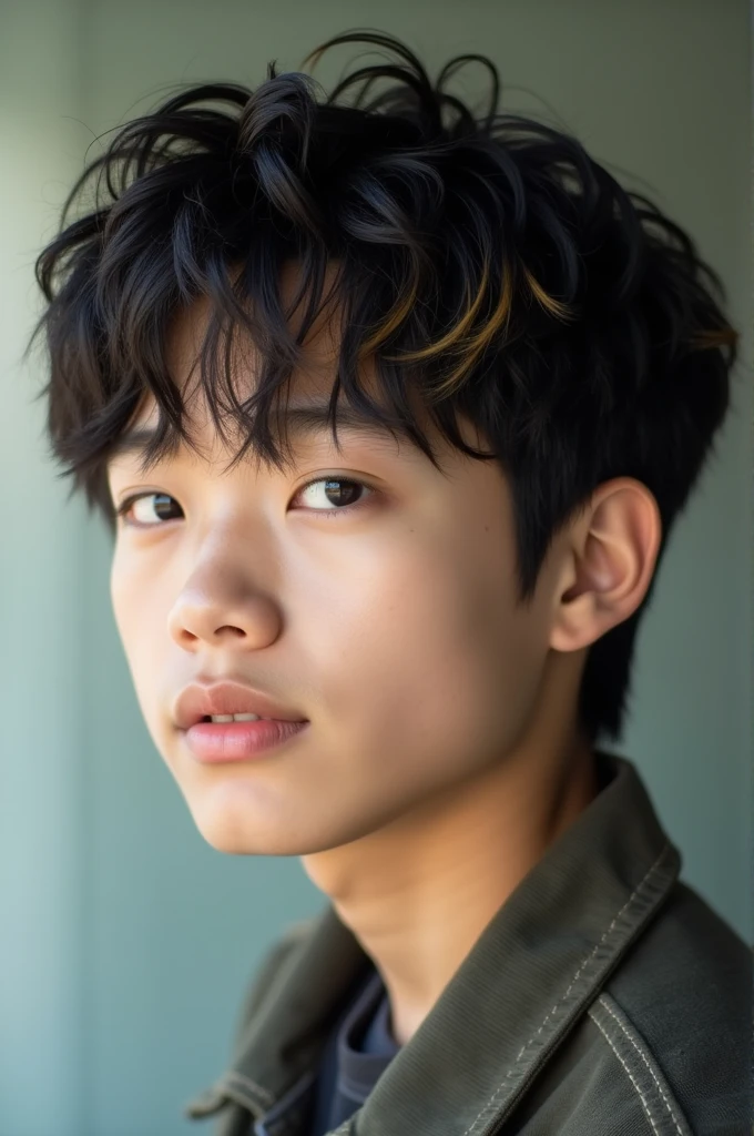A Korean teenage boy with black hair and blonde streaks