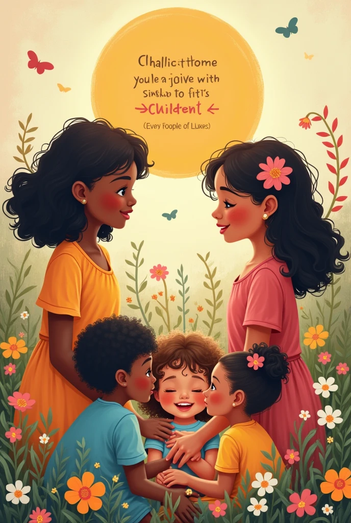 Print for a cult children's blouse with children of different colors and with the theme :Let the children come to me and do not hinder them., for of such is the kingdom of God.. Lucas 18:16