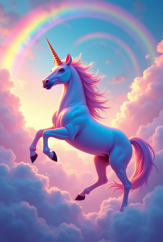 colorful unicorns, magical and semi-realistic, that they are jumping between the clouds with many rainbows in the background, everything exaggeratedly colorful, like the ones in the symphony memes
