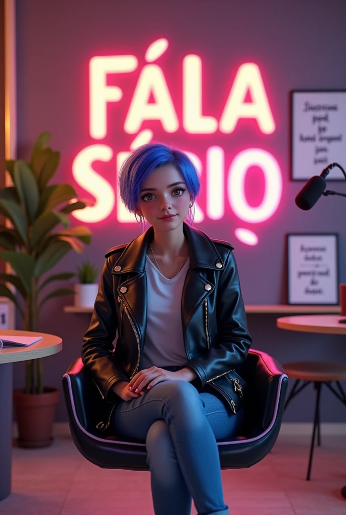 The background could have the name of the podcast "fala Sério" in Portuguese in fun typography. Comfortable, modern furniture like a light wood table and black chair with lilac details add personality. Warm lighting with subtle LED lights creates a welcoming atmosphere. Plants, pictures with funny phrases, and high-quality microphones complement the look, reflecting the light and humorous tone of the program. Short hair dyed in a vibrant tone (like blue or purple), casual style with leather jackets and funky accessories. light brown eyes