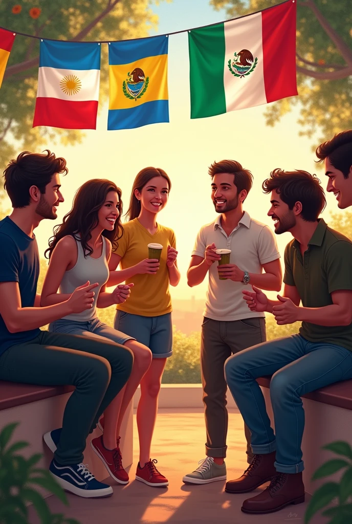 10th anniversary image of the group talking to friends with Chilean flags, argentina, Cuba, Mexico, guatemala, Paraguay and Venezuela 