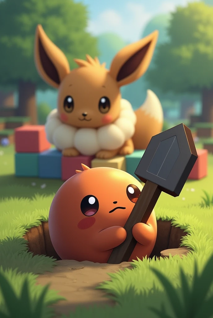 create a picture with a digda looking out of his hole from pokemon with a minecraft shovel and in the background an Eevee with lots of blocks on the foot