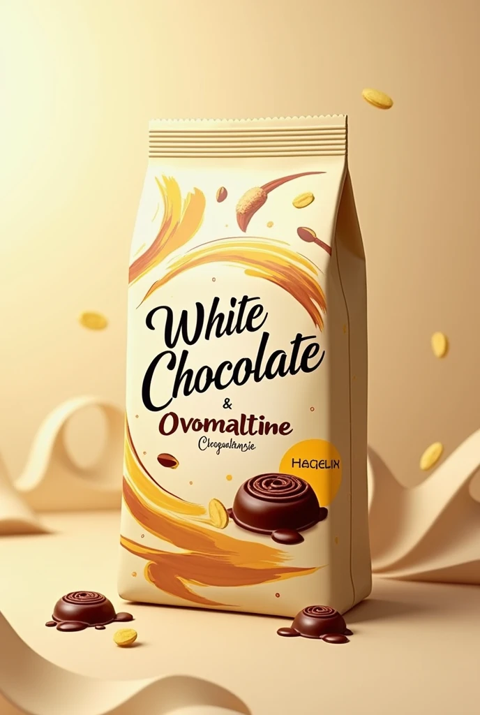 Based on Hershey's Ovomaltine chocolate packaging, create packaging in the same format as the packaging for this product, but with white chocolate and ovomaltine soon. It has to be very indulgent and bring the colors of Ovolmaltine