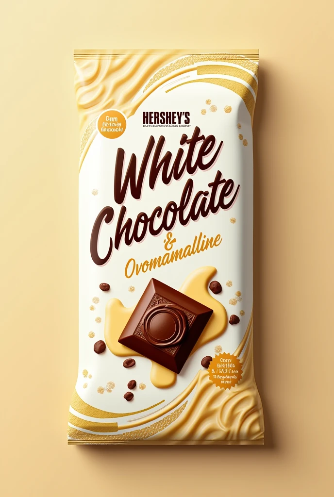 Based on Hershey's Ovomaltine chocolate packaging, create packaging in the same format as the packaging for this product, but with white chocolate and ovomaltine soon. It has to be very indulgent and bring the colors of Ovolmaltine