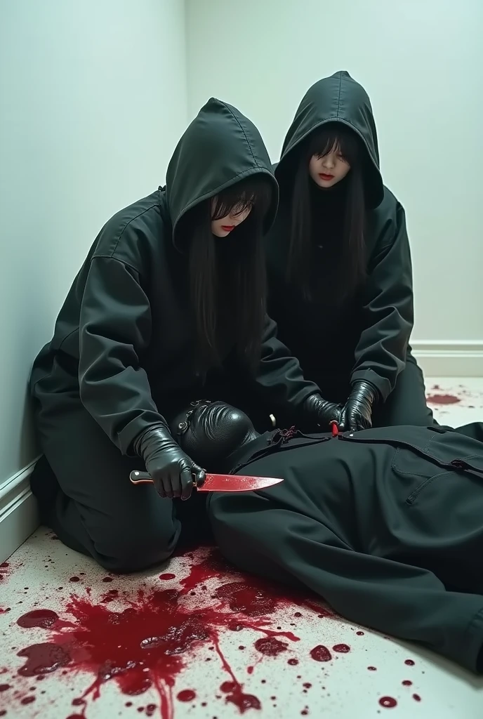2 korean girls, (holding knife, black surgical mask), stabbing, black leather gloves, bloody room, black raincoat, hood up, girl only, bloody knife, leather gloves, woman on top, white room, blood splatter, night, mass murderer, killer, blood splatter, bloody room, behind multiple stiff, behind multiple cadaver, close up