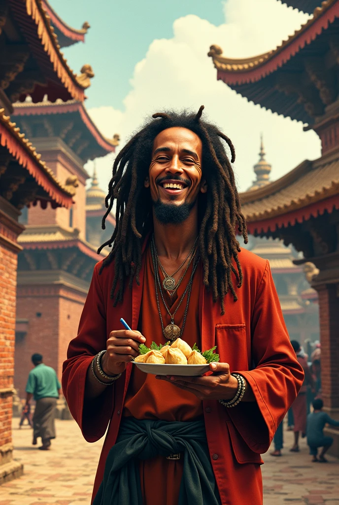 Will please create a photo of bob Marley in the middle of beautiful heritage basantapur and carrying momo in one hand