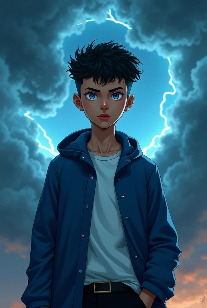 Sixteen-year-old male teenager, tall and slim, tanned white skin, brown eyes with blue highlights and red lips. black and curly hair, shaved on the sides. Wearing a white shirt and a blue coat and black pants. Blue lightning and dark clouds in the background