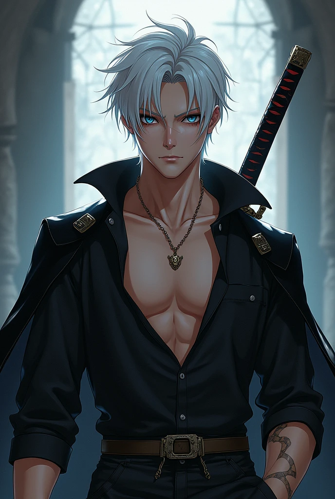short white hair anime handsome boy with emotionless dark blue sharp eyes, white hair toned, with katana wearing open wide collar black shirt with a pirate cape in the shoulders