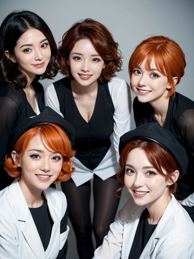 three sexy women in midwife outfits, looking at camera, cute smiles, happy opened mouths, goth eye makeup, close up faces portrait, short curly orange hair