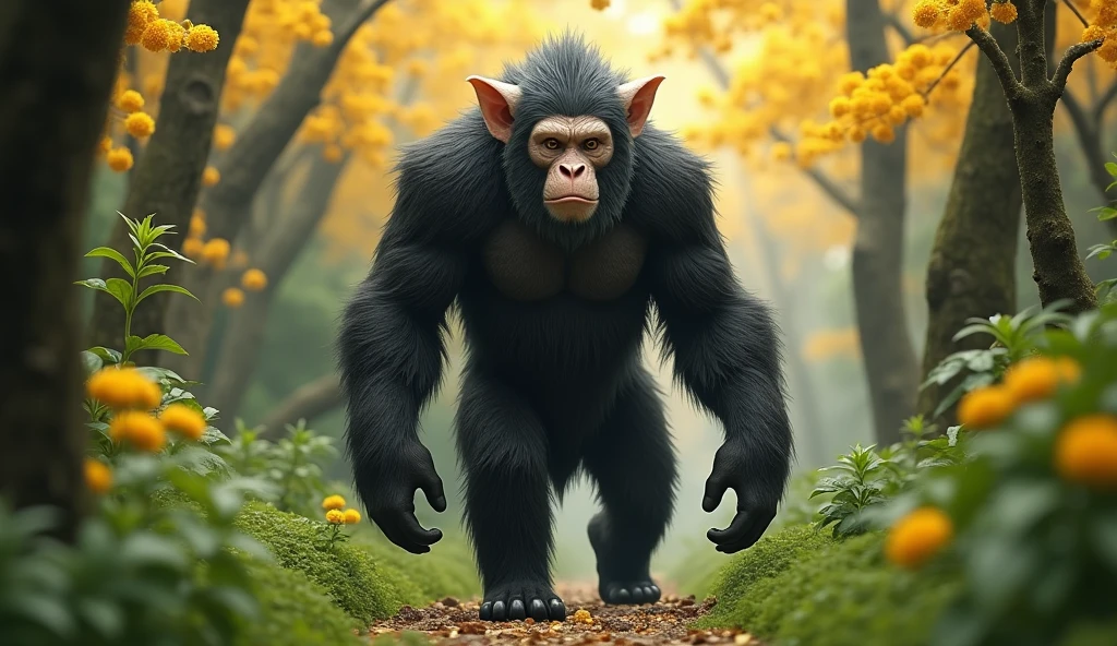 Front view,There is a wild beast in the osmanthus forest,Looks like an ape but has white ears,Standing and walking(best quality,4K,8k,High level,masterpiece:1.2),Ultra Detailed,(lifelike,Photo real,Photo real:1.37)