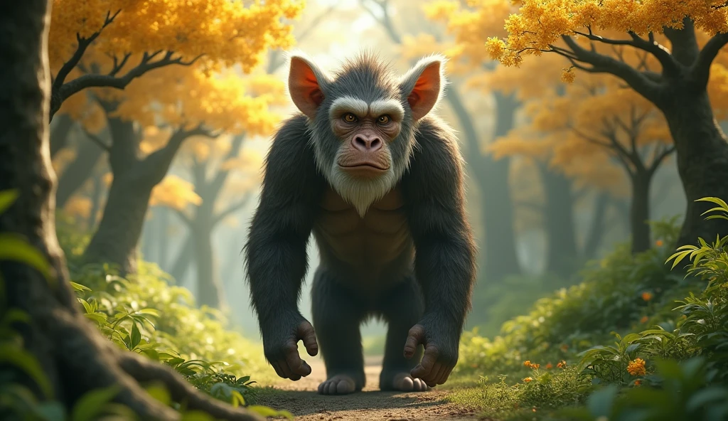 Front view,There is a wild beast in the osmanthus forest,Looks like an ape but has white ears,Standing and walking(best quality,4K,8k,High level,masterpiece:1.2),Ultra Detailed,(lifelike,Photo real,Photo real:1.37)
