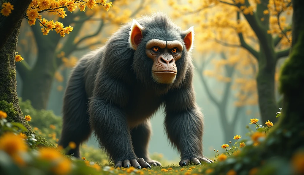 Front view，There is a wild beast in the osmanthus forest，Looks like an ape but has white ears，Standing and walking（best quality，4K，8k，High level，masterpiece：1.2），Ultra Detailed，（lifelike，Photo real，Photo real：1.37）