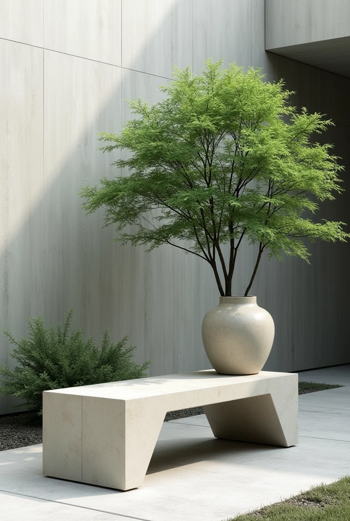 bench with architectural shape and integrated with vase and tree