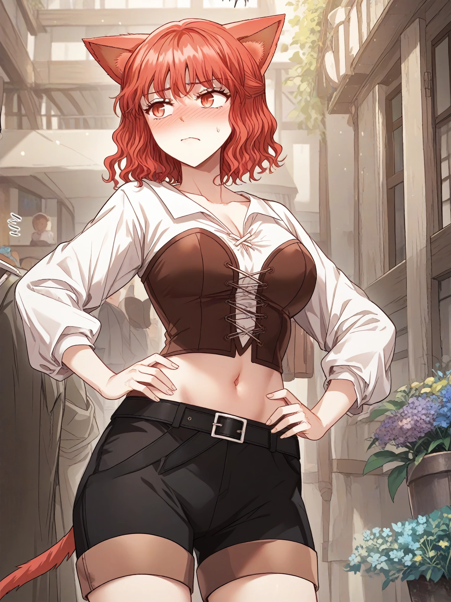 MisshaKarlstein, cat woman, red eyes, red hair, short hair, wavy hair,top tank,shorts,midriff,navel,embarrased,blush,full face blush,red face,looking away,embarrased
