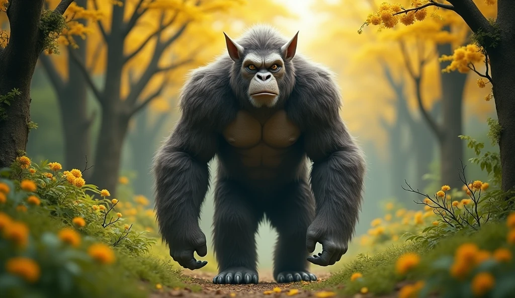 Front view,There is a wild beast in the osmanthus forest,Looks like an ape but has white ears,Standing and walking(best quality,4K,8k,High level,masterpiece:1.2),Ultra Detailed,(lifelike,Photo real,Photo real:1.37)