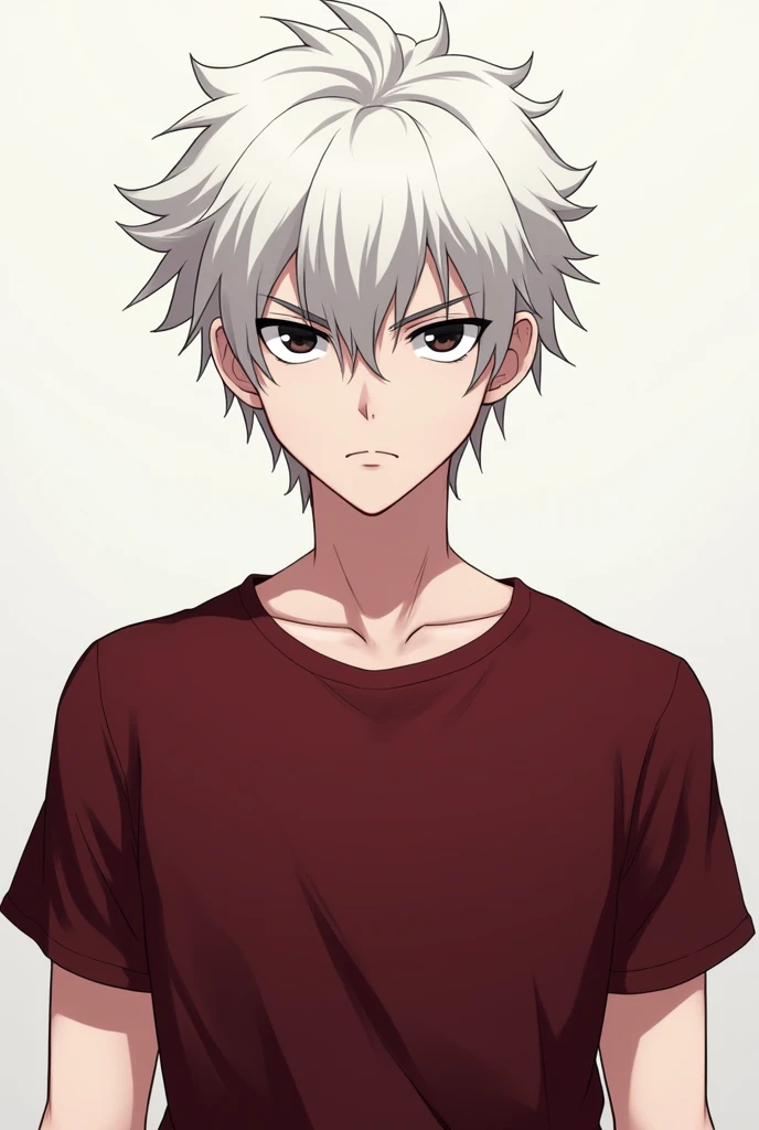 Create a Buy Character in Anime Form Which had A White Heirs in A dark Red t shirt with black Eyes with sharp nose and Serious Face  and he looking Straight forward to me 