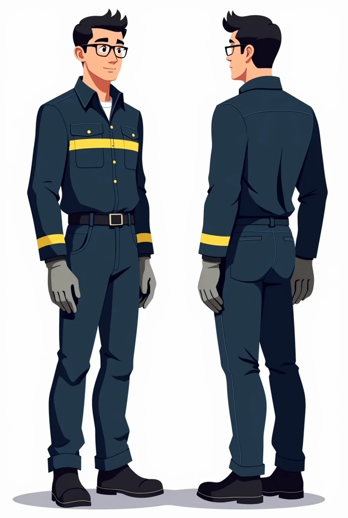 Man from front and back wearing dark blue work clothes with a single yellow reflective stripe on the front of the shirt and a yellow reflective stripe on the pants, that you have safety elements such as glasses, grey gloves and black shoes.
that the drawing is animated