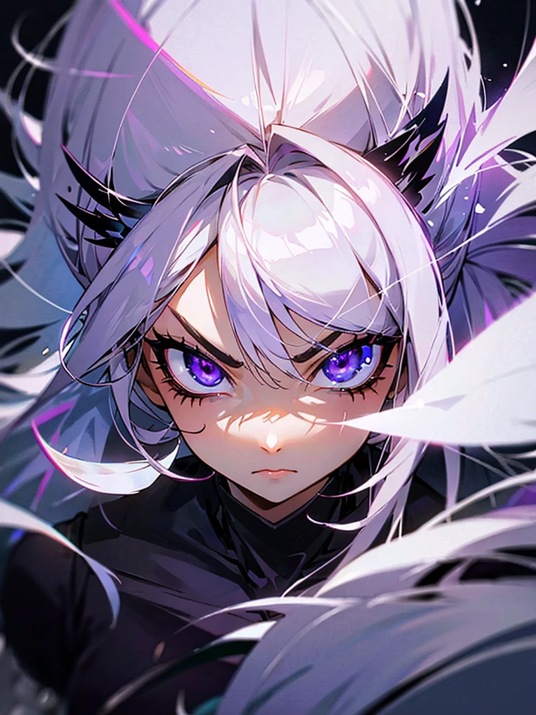 Beautiful fierce eyes silver hair purple eyes