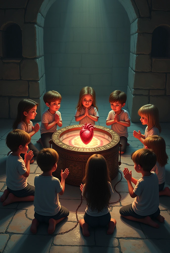 Children praying around a glowing treasure chest with a human heart inside bound by chains 