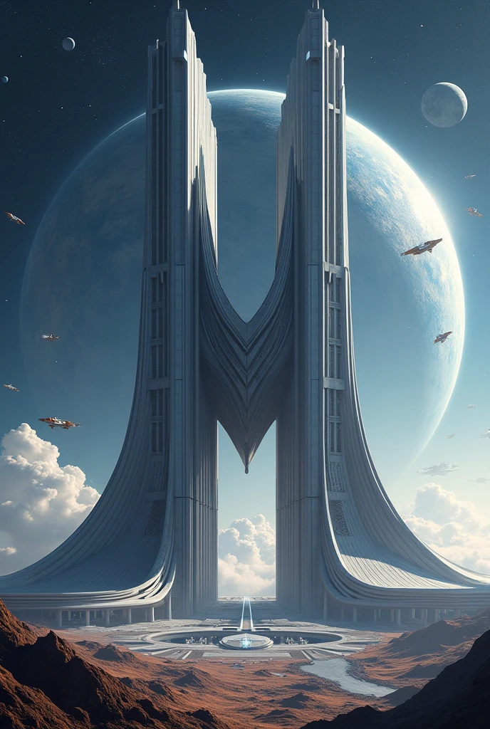 Generate space Corporation monument building on form of "M" with planeta, ships and awesome look