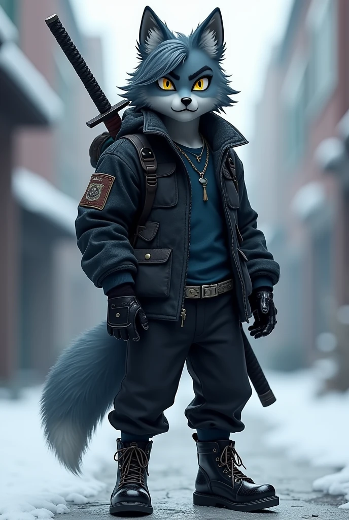 A Sonic-style wolf with short, long hair covering the left side of his eye a little and with a slightly long ponytail., with big yellow eyes, with black cold weather blouse with dark blue shirt, black pants and black men&#39;s boots, with black gloves, and with a purple Katana on his back.