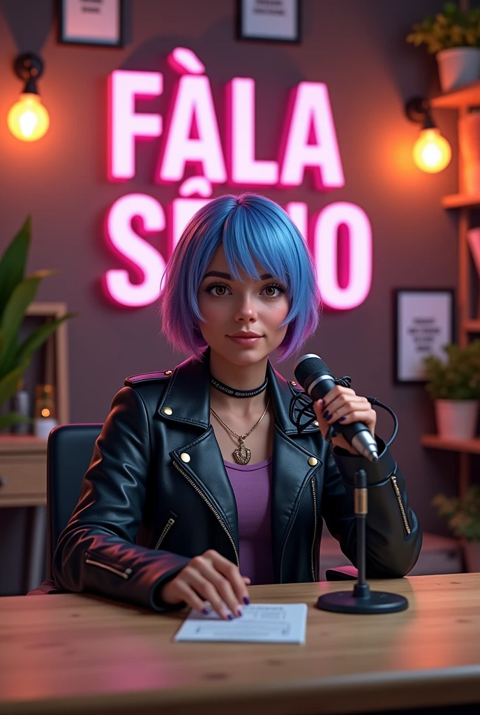 The background could have the name of the podcast "fala Sério" in Portuguese in fun typography. Comfortable, modern furniture like a light wood table and black chair with lilac details add personality. Warm lighting with subtle LED lights creates a welcoming atmosphere. Plants, pictures with funny phrases, and high-quality microphones complement the look, reflecting the light and humorous tone of the program. Short hair dyed in a vibrant tone (like blue or purple), casual style with leather jackets and funky accessories. light brown eyes