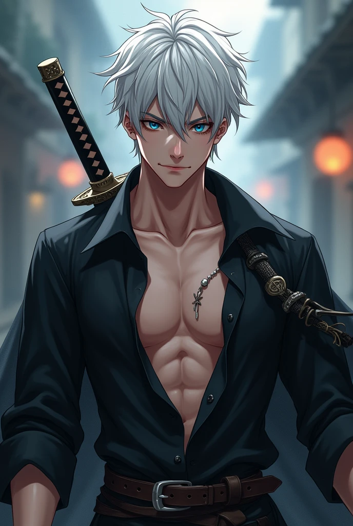 short white hair anime handsome boy with emotionless dark blue sharp eyes, white hair toned, with katana wearing open wide collar black shirt with a pirate cape in the shoulders