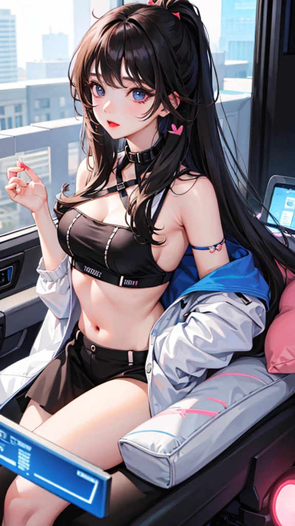 1 Kpop girl With y2k vibe long hair with bangs and surround by hearts and electronics and with a cute heart top