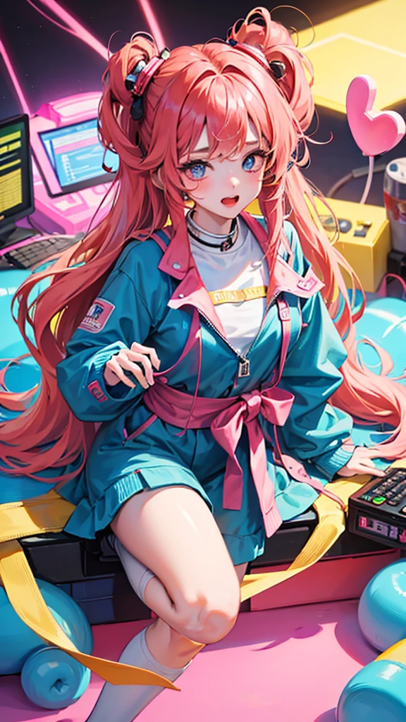 1 Kpop girl With y2k vibe long hair with bangs and surround by hearts  and electronics and with a cute heart top