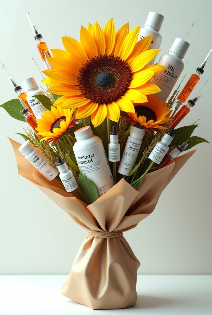 I WANT A BOUQUET OF SUNFLOWERS BUT INSTEAD OF FLOWERS THERE ARE AESTHETIC MEDICINE PRODUCTS LIKE JALUPRO, ENZYMES, ELANCE, RADIESSE, BOTOX AND SUCH THINGS 

