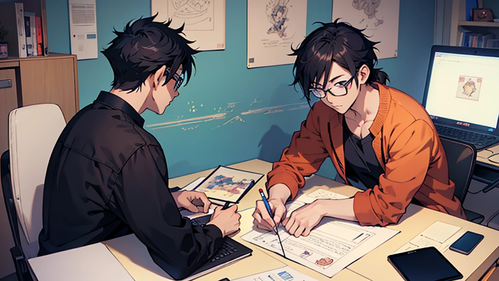 anime guy with glasses and a cat sitting in front of a laptop, an anime drawing by Yang J, pixiv contest winner, serial art, in anime style, in an anime style, anime visual of a cute cat, artwork in the style of guweiz, realistic anime cat, anime cat, anime realism style, digital anime illustration