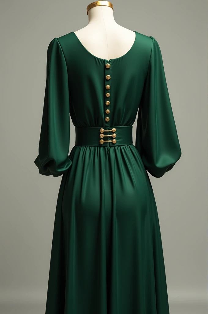 Generate an image of a dress from the back that is dark green in viscose fabric with a scoop neckline and a closure with luxurious buttons and a draped skirt with a belt in the same color as the dress.